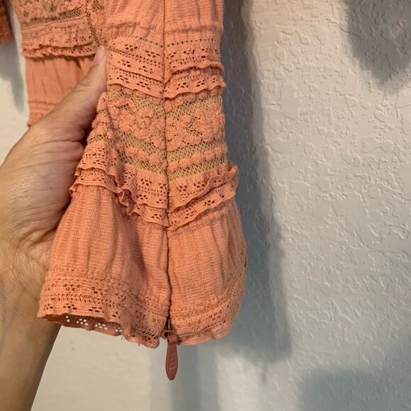 Cinq `a Sept Solene Peach Lace Off the Shoulder Ruffle Sleeve Blouse - Picture 4 of 8